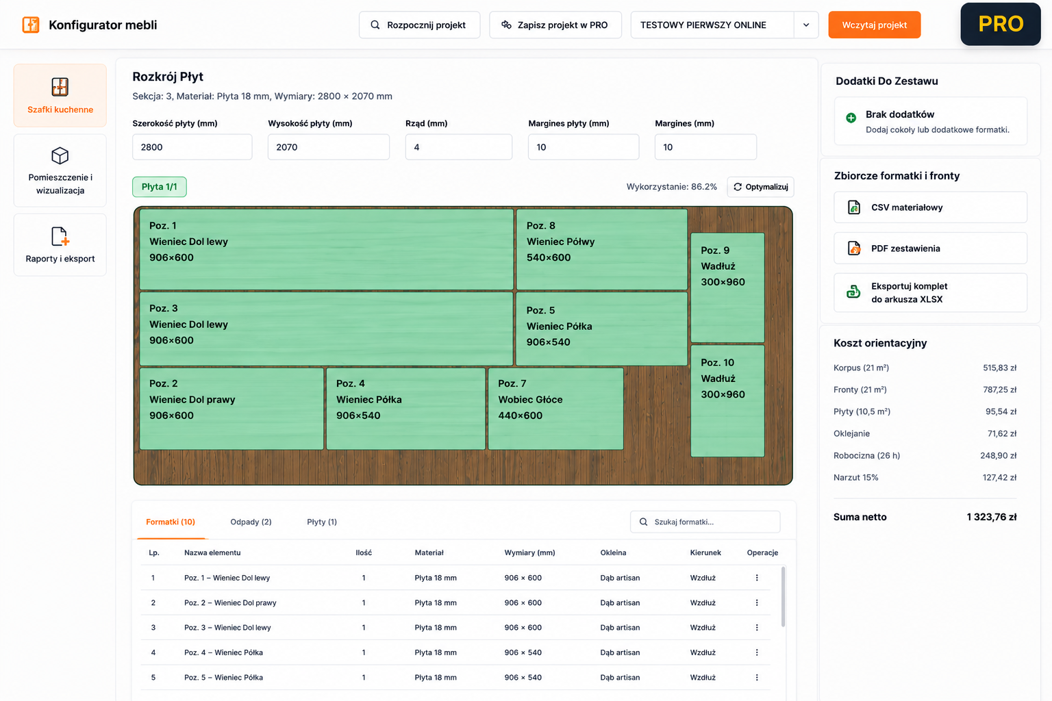 FurniturePilot online sheet optimization with a cut list and cutting layout
